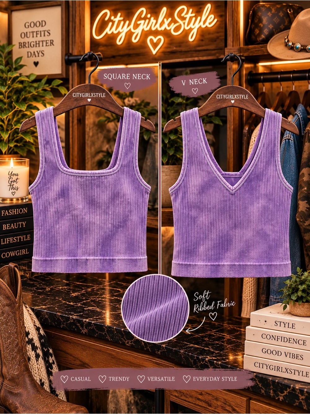 Zenana Outfitters Lavender Ribbed Tank - Square & V-Neck